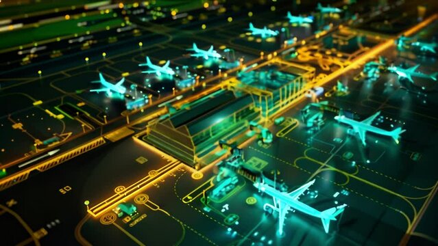 Experience the bustling activity of an airport at night from a birds eye view. Lights, aircraft movements, and ground operations in full swing.