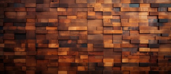 A detailed closeup of a brown hardwood wall consisting of rectangular wooden squares. The intricate pattern resembles brickwork with a wood stain finish - obrazy, fototapety, plakaty
