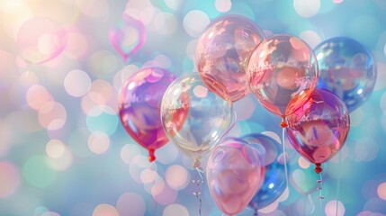 Abstract colorful hologram transparent balloons on blur background. AI generated image