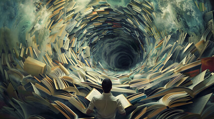 Man Immersed in Swirling Tunnel of Books Digital Art
