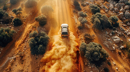 Dusty Desert Road Winding Through., road adventure, path to discovery, holliday trip, Aerial view