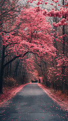 Rural Highway Amid Blooming Nature, road adventure, path to discovery, holliday trip, Aerial view