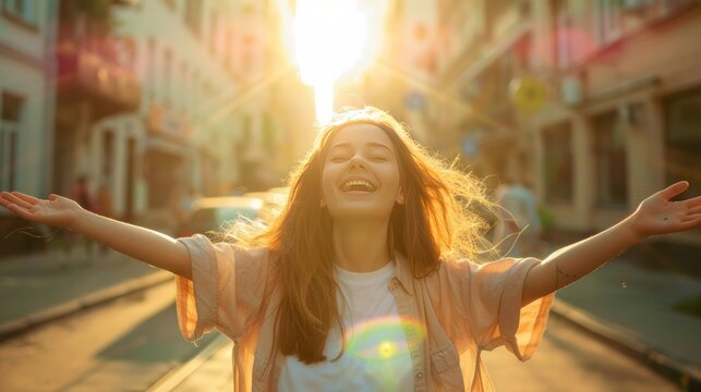Happy young woman standing in a street with their hands up view sunlight. AI generated image