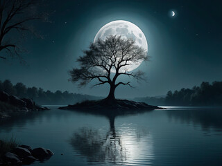 a calm lake at night, silver moonlight, a silhouette of a lonely tree, a big silver moon, hyperrealistic, no clouds - generated by ai - obrazy, fototapety, plakaty