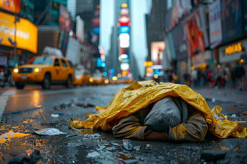 Homeless man on city street. Old sad man sleeping on cardboard in torn clothes seeking help, hungry poor person concept