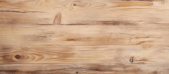 A close up of a rectangle hardwood table with a brown wood stain, set against a blurred beige...