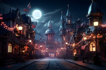 Fantasy city at night with a full moon in the sky.