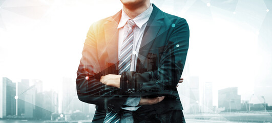 Double Exposure Image of Business Person on modern city background. Future business and...