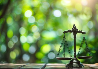 Elegant Justice Scale on Wooden Table with Blurred Green Background