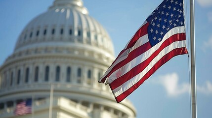 Patriotic American Flag Waving Before The US Capitol Building
