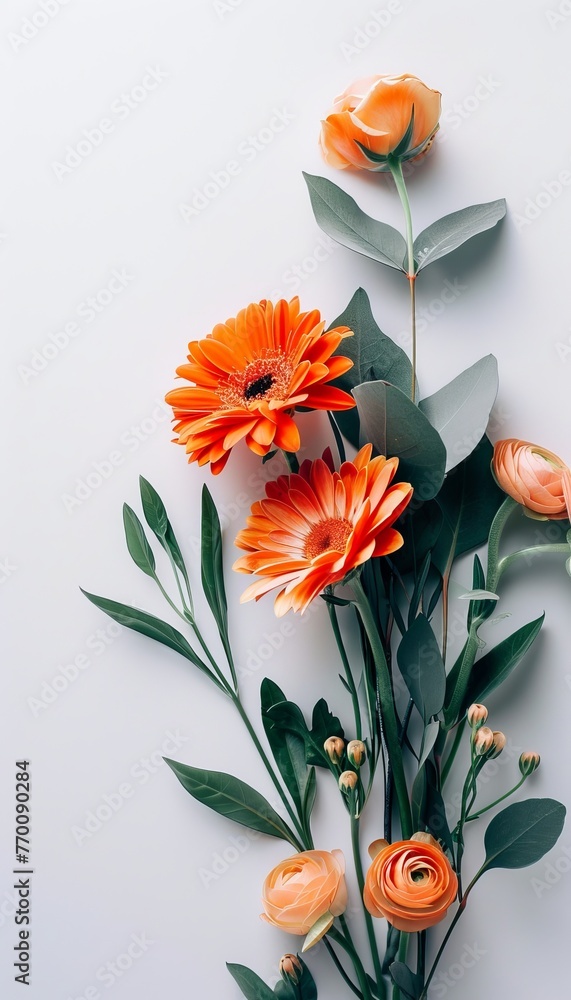 Poster assorted vibrant flowers on white background with ample space for text placement