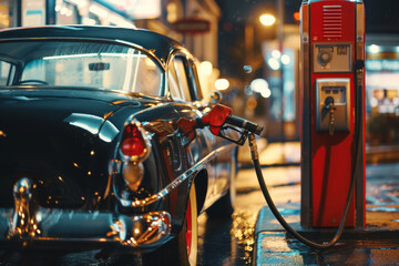 Vintage Car at Retro Gas Station - obrazy, fototapety, plakaty