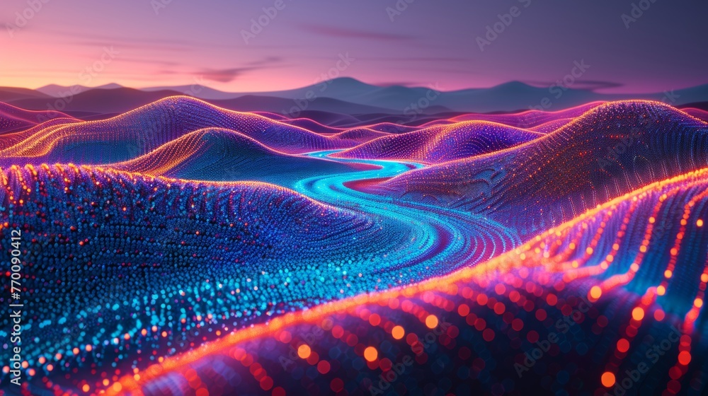 Poster streamlined connection network line linking wave of particles symbolizing information technology
