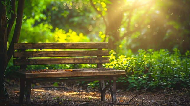 Picture a serene wooden garden bench nestled amidst the fresh greenery of a spring park, inviting weary souls to rest and rejuvenate