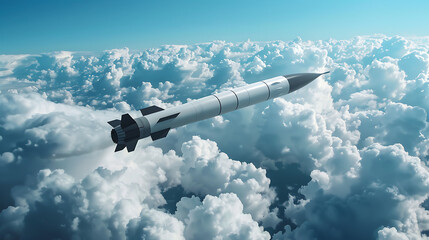 Naklejka na ściany i meble a missile soaring through the sky above a layer of fluffy white clouds. The missile is white and black in color