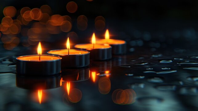 Beautiful Burning candles light on dark surface. AI generated image