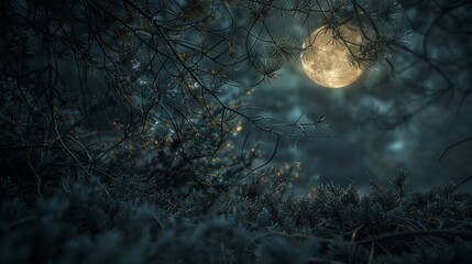 The gentle glow of the full moon bathes the twisting branches of the pine needles, casting intricate shadows on the forest floor