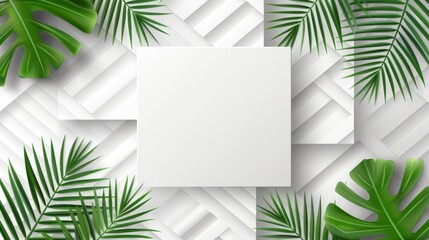 3d white and green geometric floral patterned tropical leaves wall texture background - obrazy, fototapety, plakaty