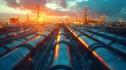 Industry pipeline transport petrochemical, gas and oil processing, furnace factory line, rack of heat chemical manufacturing, equipment steel pipes plant with . - obrazy, fototapety, plakaty