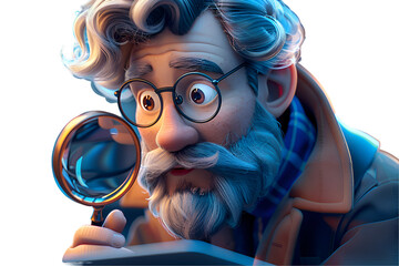 A 3D animated cartoon render of a tech-savvy cyber security guru holding a laptop and magnifying glass. - obrazy, fototapety, plakaty