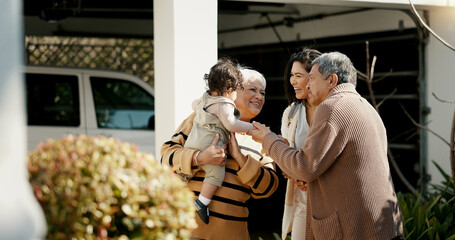 Family, welcome and hug outdoor of home in backyard with mother, grandparents and child with love...