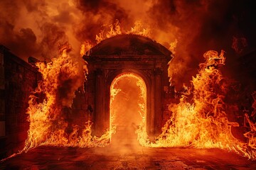 hell's gate, devil, horrific gates of hell with flames and fire and smoke