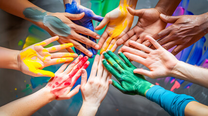 Abstract Painting of Many Colorful Hands in a Circle