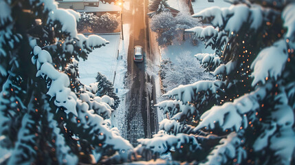 Aerial View of Snow Covered Street and Trees in Winter - obrazy, fototapety, plakaty