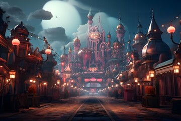 3D illustration of a fantasy fairytale city at night. - obrazy, fototapety, plakaty