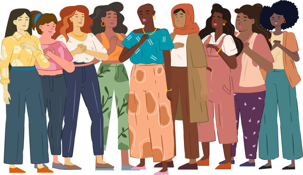 Illustration of a group diverse women, each with different body type and race. PNG with alpha. Women power, feminism, empowerment, diversity and body positive.