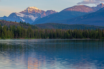 Beauvert lake canadian rockies sunset reflection, Jasper national park, Canada.