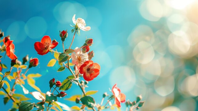 Beautiful blooming roses in spring on a blue background. Generated AI image