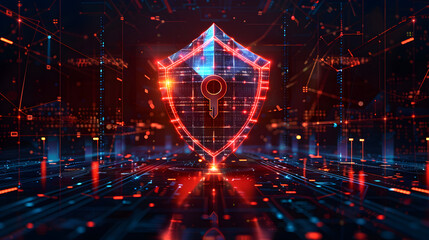 Wallpaper Illustration and background of cyber security data protection shield, with key lock security system, technology digital. Front view. Concept of database security software.