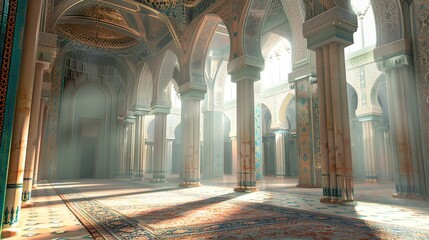 interior of a mosque, middle eastern, morocco building interior background, 3d render, 3d illustration - obrazy, fototapety, plakaty