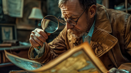 Antiquarian inspecting old map with magnifying glass - obrazy, fototapety, plakaty