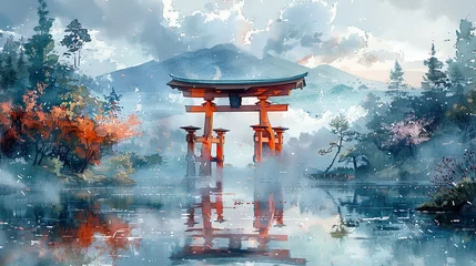 Tuinposter A watercolor-style painting inspired by the Ukihainari Shrine in Fukuoka, Japan © Brian Carter