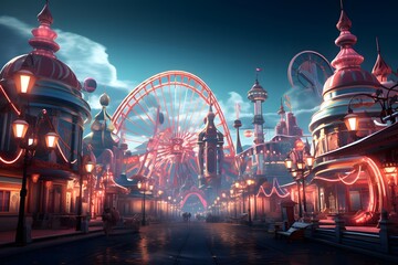 Amusement park at night with ferris wheel. 3d rendering - obrazy, fototapety, plakaty
