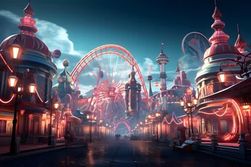 Foto auf Acrylglas Amusement park at night with ferris wheel. 3d rendering © Iman