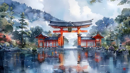 Fototapeten A watercolor-style painting inspired by the Ukihainari Shrine in Fukuoka, Japan © Brian Carter