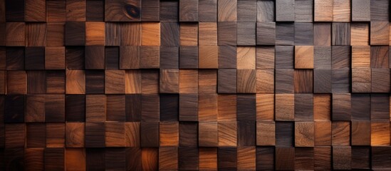 Detail shot of a wooden wall featuring small square wood pieces arranged in a grid pattern