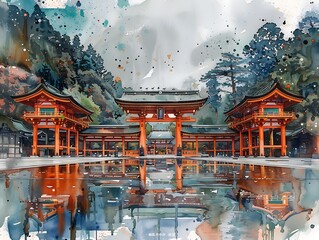 A watercolor-style painting inspired by the Ukihainari Shrine in Fukuoka, Japan