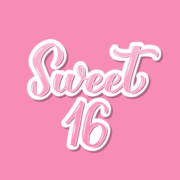 Sweet 16 calligraphy hand lettering on pink background. 16th birthday celebration inscription. Sweet sixteen typography poster. Vector template for greeting card, banner, invitation, etc.
