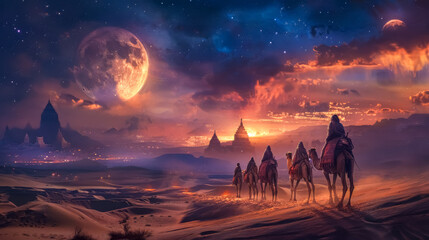 Fototapeta premium Desert caravan under a cosmic sky