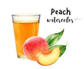 Watercolor illustration of peaches and juice close-up. Design template for packaging, menu, postcards.