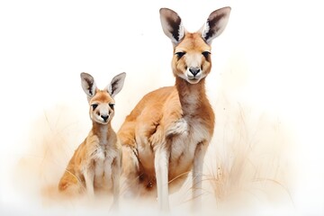 Kangaroo Mother and Joey on White Background