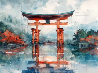 Gordijnen A watercolor-style painting inspired by the Ukihainari Shrine in Fukuoka, Japan © Brian Carter