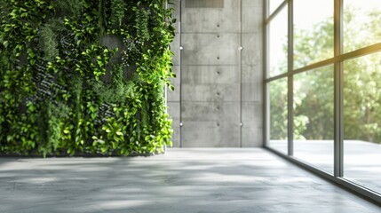 Modern office wall with fresh green plants for refreshing air circulation in the room. AI generated