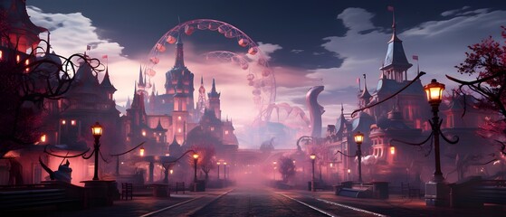 Mysterious city at night with fog and lanterns, panorama