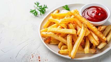 Top view of french Fries with Ketchup on plate in white background, copy space. Generated AI image