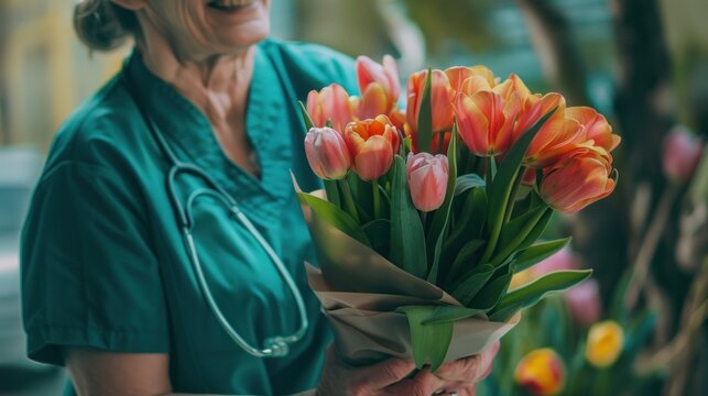 Portrait happiness moment a nurse give tulip bouquet to senior woman. AI generated image